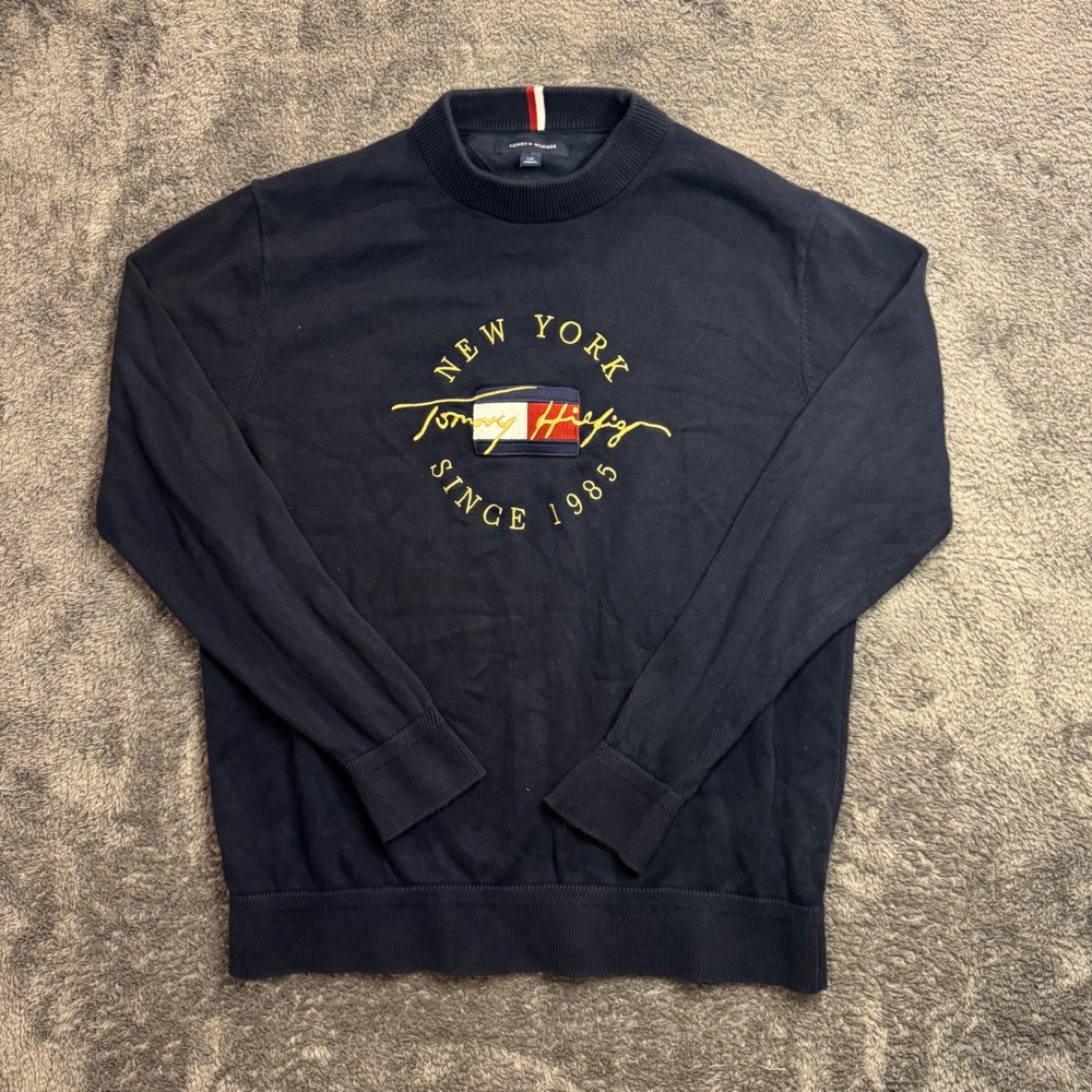 Tommy Hilfiger Mens Navy Blue New York Since 1985 Embroidered Sweater Large